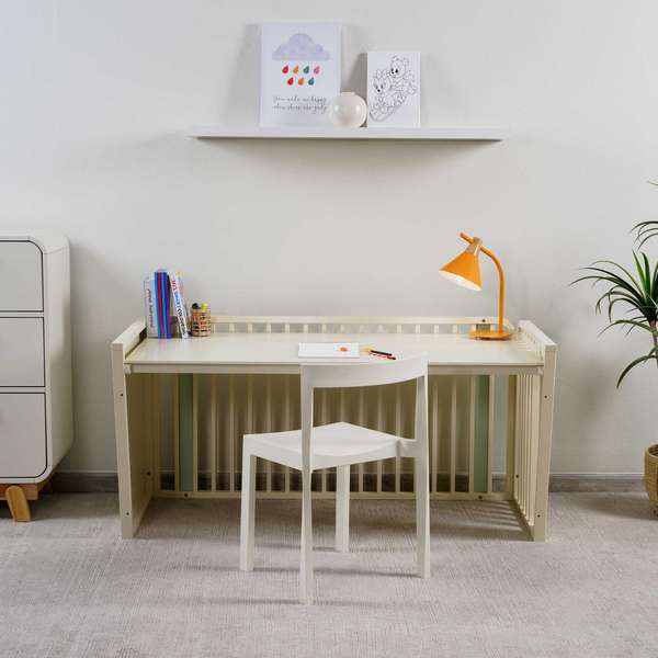 CEDAR 3 in 1 BABY CRIB CONVERTIBLE TO SOFA BED WRITING DESK 70x140cm Solid rubber wood BLUEand g Pan Home Furnishings